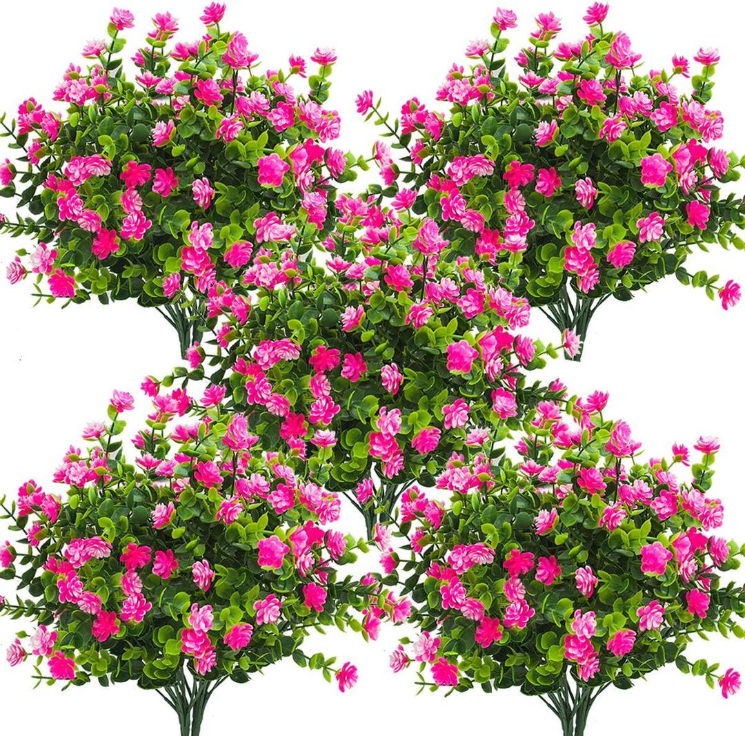 Grunyia 10 Bundles Artificial Fake Flowers, Faux Outdoor Plastic Plants UV Resistant Shrubs Outside Indoor Decorations (Pink-Eucalyptus)