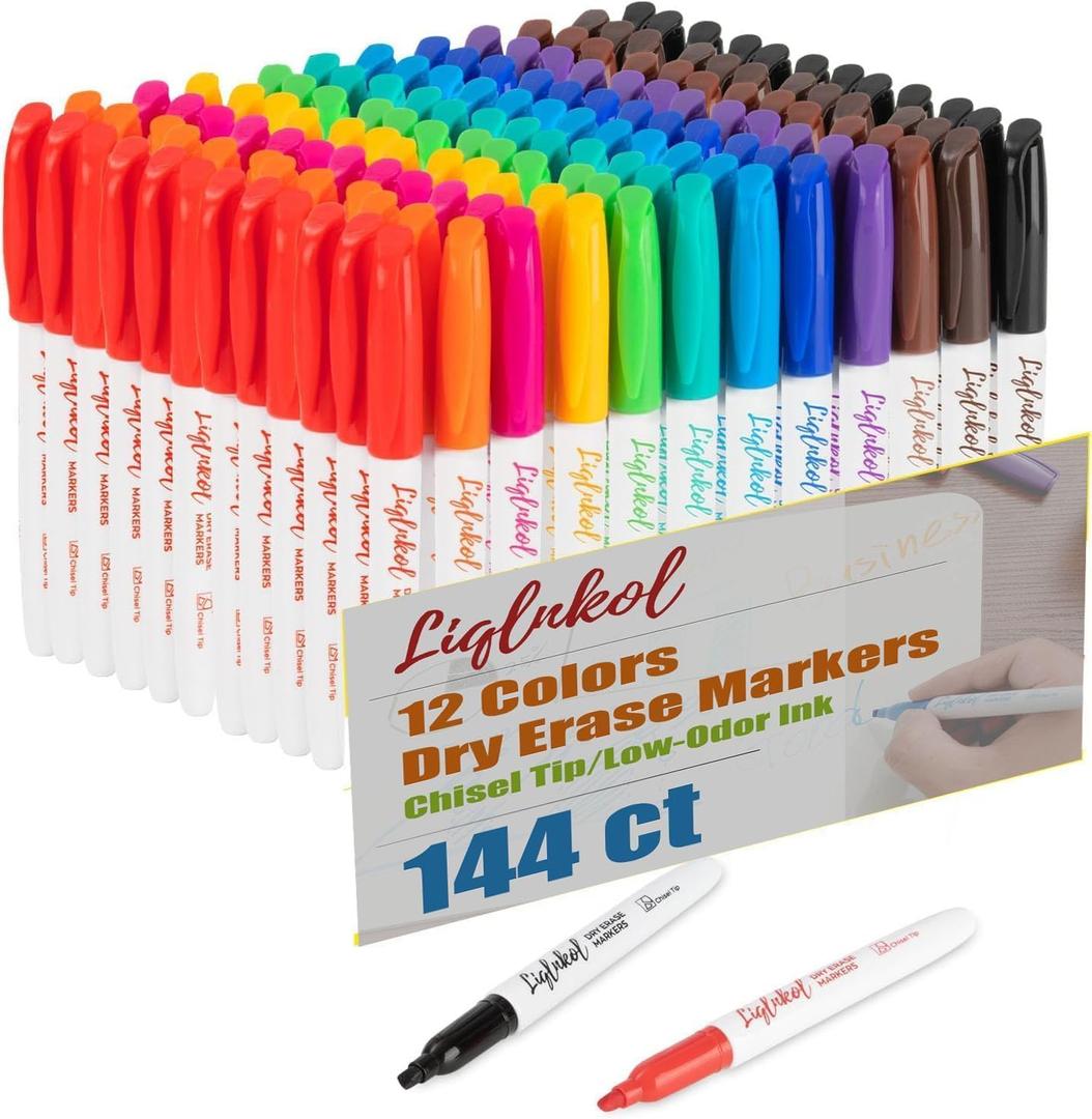 Dry Erase Markers Bulk, Pack of 144 with 12 Assorted Colors, Chisel Tip White Board Markers Dry Erase Pens Whiteboard Markers Perfect for Home, Office Supplies