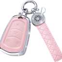 RUABIBAN for Cadillac Key Fob Cover with Keychain, Pink Genuine Leather Crystal Key Case Protection Shell Compatible with Cadillac Escalade CTS SRX XT5 ATS STS CT6 5-Buttons Remote Start