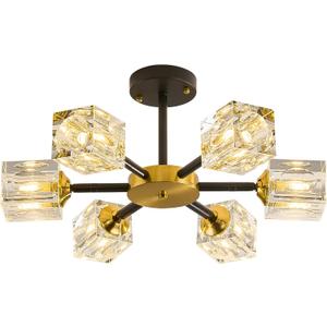 Yunnix Ceiling Light Fixture 6 Lights Crystal Chandeliers Black and Gold Light Modern Chandelier for Bedroom Kitchen Hallway Bathroom Entryway Dining Room
