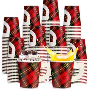 Maxcheck 100 Pieces Christmas Paper Cups with Handle 7 oz Holiday Disposable Cups Drinking Hot Chocolate Coffee Cup for Xmas Daily Use Bar Accessories Party Decoration (Buffalo Plaid)