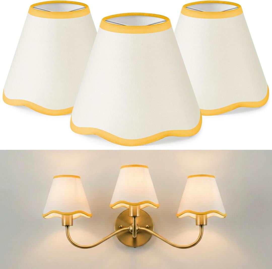 VIHOSE Set of 3 2.9" Top x 5.9" Bottom x 5.1" Height Lamp Shade with Petal Edge Set of 3 Chandelier Shades Fabric Scalloped Lampshade for Floor Wall Lamps Table Living Room Bedroom (Yellow Edge)