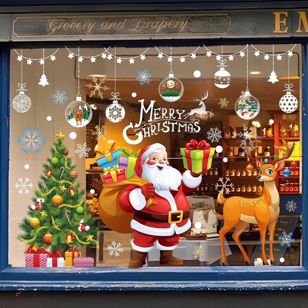 Jyanl 140pcs Christmas Window Clings Cute Christmas Decorations Large Santa Claus Christmas Tree Decorations 13 Sheets Snowflake Reindeer Xmas Stickers Door Decor Wall Decal Winter Glass Holiday Party