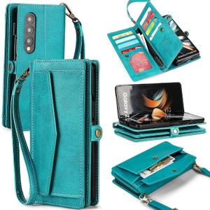 for Samsung Galaxy Z Fold 3 Wallet Case for Women with S Pen Holder, RFID Blocking Card Holder, PU Leather Flip Phone Case with Crossbody Strap Wristlet Kickstand for Galaxy Z Fold 3, Blue