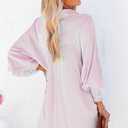 Women's Smocked Cuffed Striped Boyfriend Shirts Button Down Casual Collar Long Sleeve Blouse Shirt Tops (L)