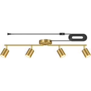Plug in Track Lighting LED, Track Lighting Fixtures Ceiling Gold, 4-Light Kitchen Light Kit, Plug in Wall Light with 14.8ft Power Cord, Rotatable Ceiling Spotlight for Bedroom(GU10 Socket, NO Bulb)