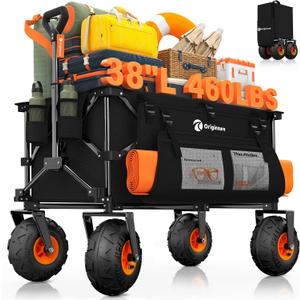 38"L Collapsible Beach Wagon with Big 10" Balloon Wheels for Sand, 460lbs Weight Capacity 220L Wagons Carts Foldable Heavy Duty with All Terrain Tires, Folding Cart for Camping, Grocery, Sport - Black