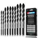 10-Piece Masonry Drill Bits Set for Tile Glass Ceramic Brick Wood, 1/8 to 1/2 Inch Drilling Bits with Triangle Handle, YG8 Tungsten Steel Alloy Tip.Black