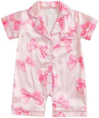 Kavousa Newborn Baby Girl Birthday Satin Pajamas Bow Cake Romper Button Down One-Piece Jumpsuit Sleeper Infant Silk Sleepwear 3-6M