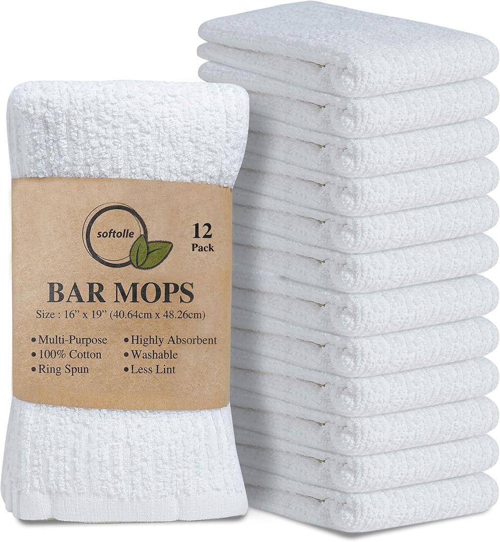 Bar Mop Towels, Pack of 12-16x19 Inches - 100% Cotton Super Absorbent Towels, Multi-Purpose for Home and Bar Cleaning (White)