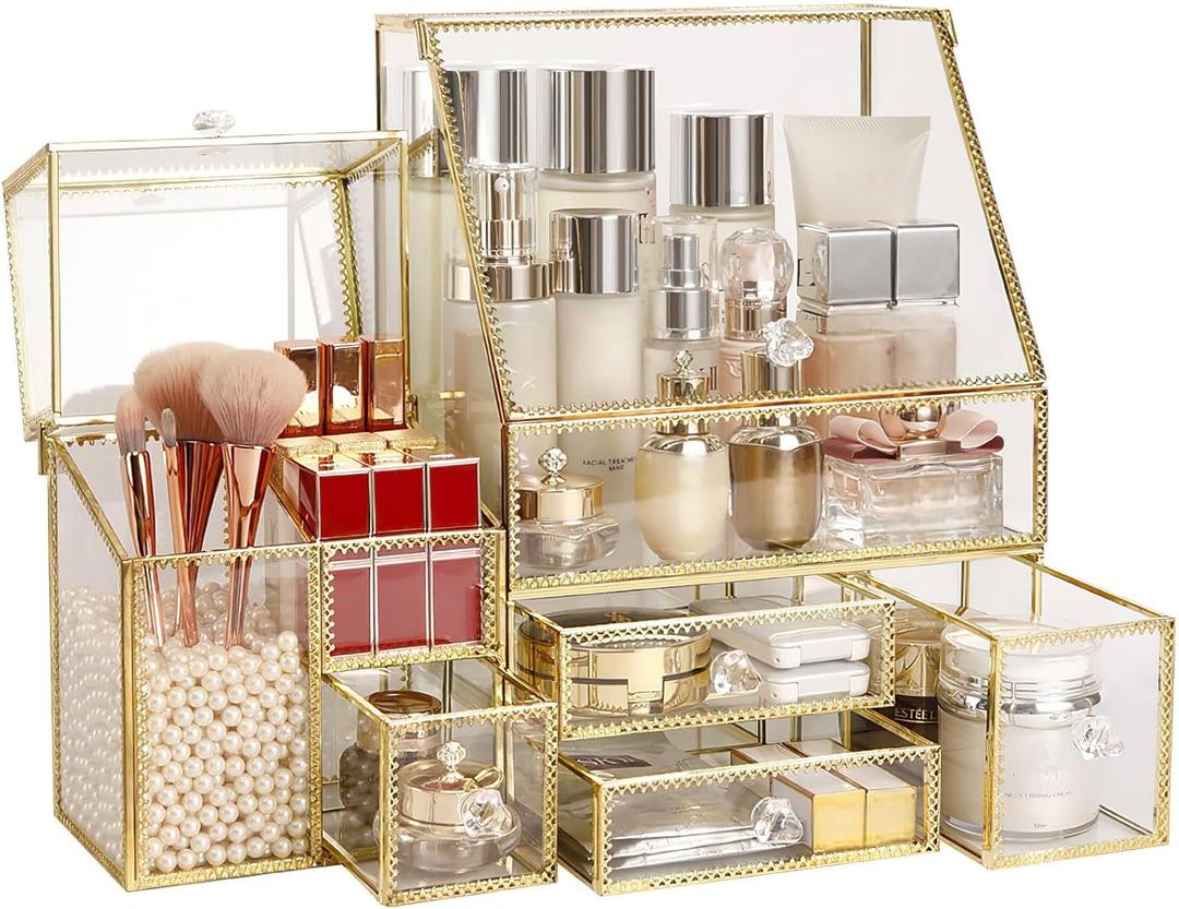 CONHENCI Large Glass Makeup Organizer Drawer Set Beauty Storage Bathroom Counter Organizer Cosmetic Display (11.5inx8.5inx5.5in) (16in)