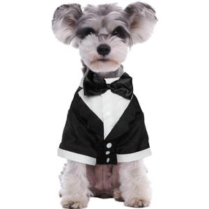 Kuoser Dog Tuxedo,Dog Wedding Suit with Bow Tie Formal Dogs Tux Pet Wedding Party Birthday Costume,Doggy Valentines Christmas Halloween Graduation Outfit Cosplay for Small Medium Large Dogs,Black S (S(Chest-11.41", Weight:2.5-5lb))