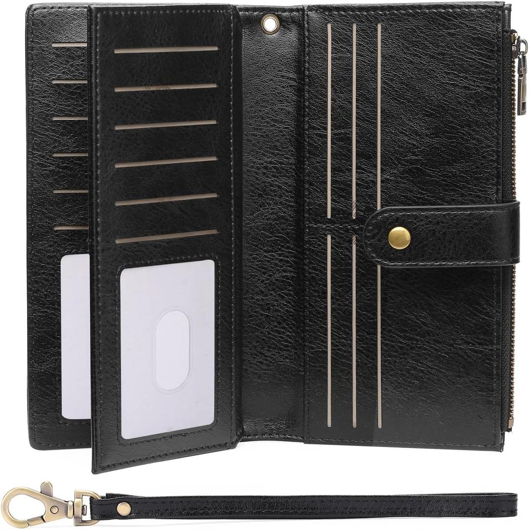 GOIACII Wallets for Women Large Capacity Credit Card Holder RFID Blocking Wristlet Long Purse with Zipper Pocket Black