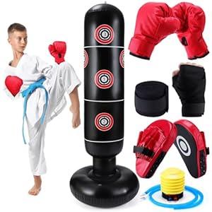 Halloscume 7 Pcs Kids Punching Bag Set Include Boxing Gloves, Inflatable Punching Bag, Hand Wraps, Boxing Hand Pads, Air Pump, Kids Boxing Training Set for Karate Kickboxing Taekwondo