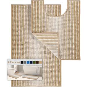 Bathroom Rugs Sets 2 Piece, Toilet Rugs U-Shaped, Contour Bath Mat Set for Toilet Bathroom, Soft Absorbent Chenille Bath Carpet, Quickly Dry, Washable (Beige, 32" x 20" + 24" x 20")