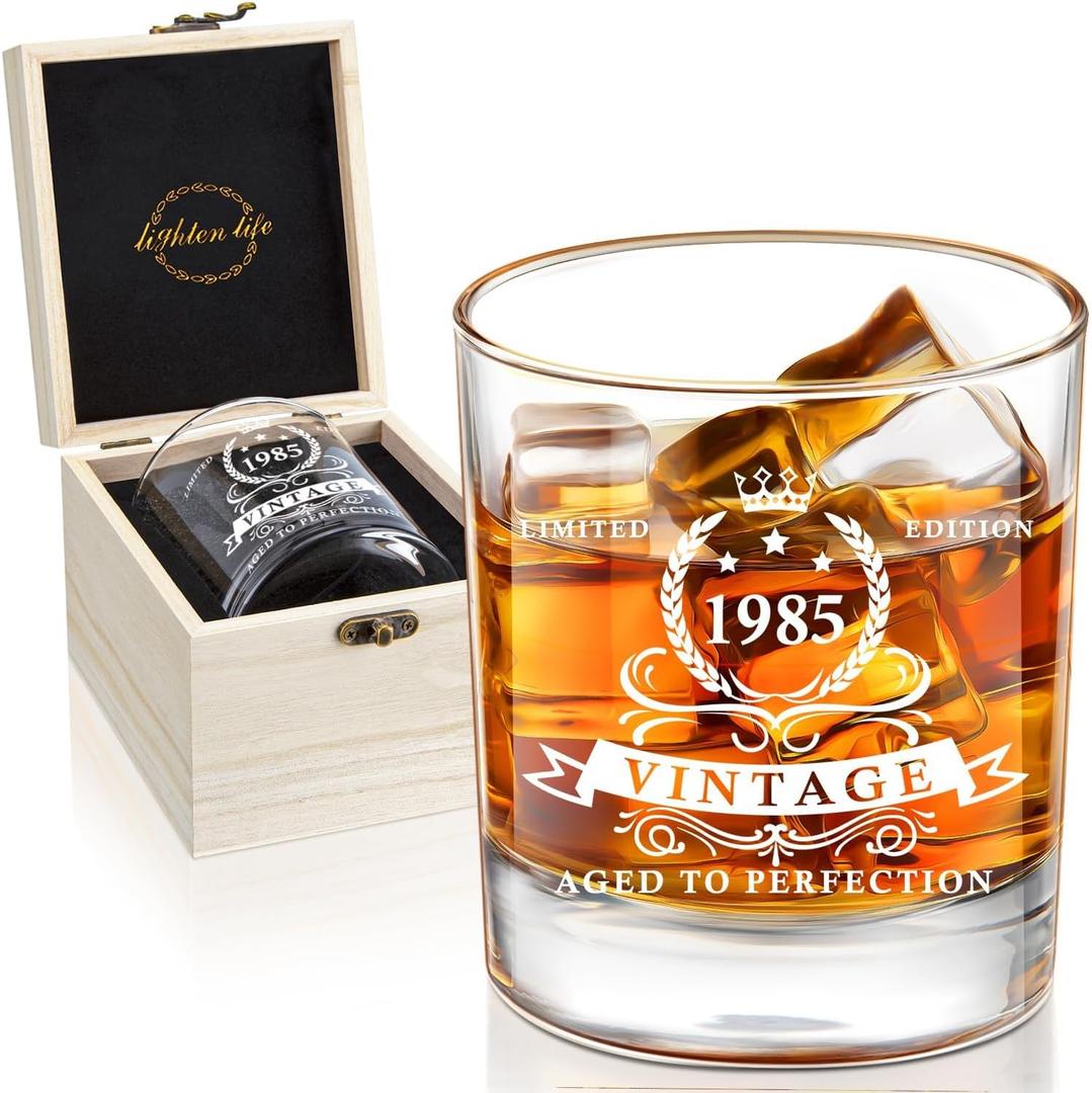 LIGHTEN LIFE 40th Birthday Gifts for Men 12 oz,1985 Whiskey Glass in Valued Wooden Box, Bourbon Glass for 40 Years Old Dad,Husband,Friend,40 th Bday Gift Ideas,40th Birthday Decorations