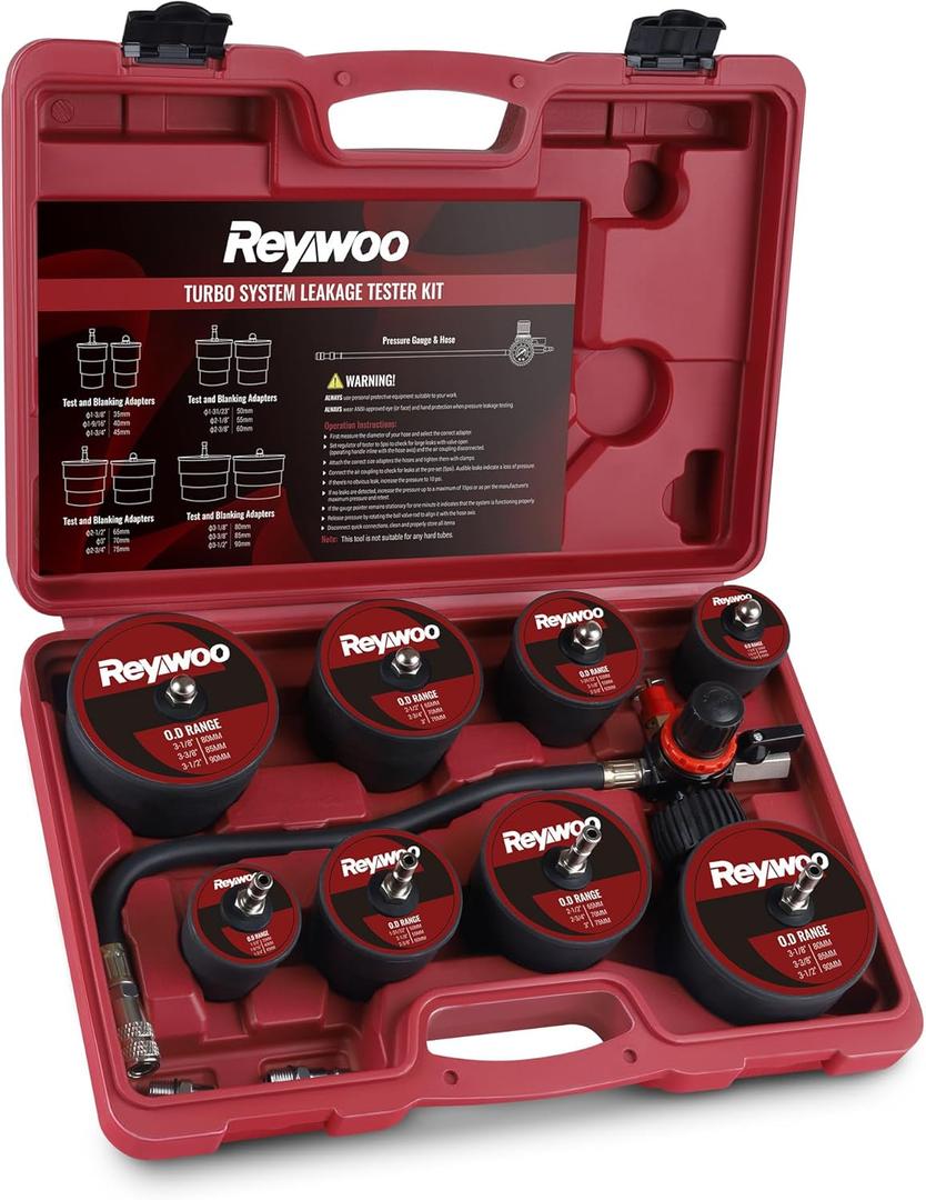 Turbo Boost Leak Tester Kit, 10pc Turbo System Leakage Tester Set with 4 Pairs of Stepped Adapters 1-3/8" to 3-1/2", Turbo Pressure Leakage Tester for Cooling Emissions Exhaust Pipes