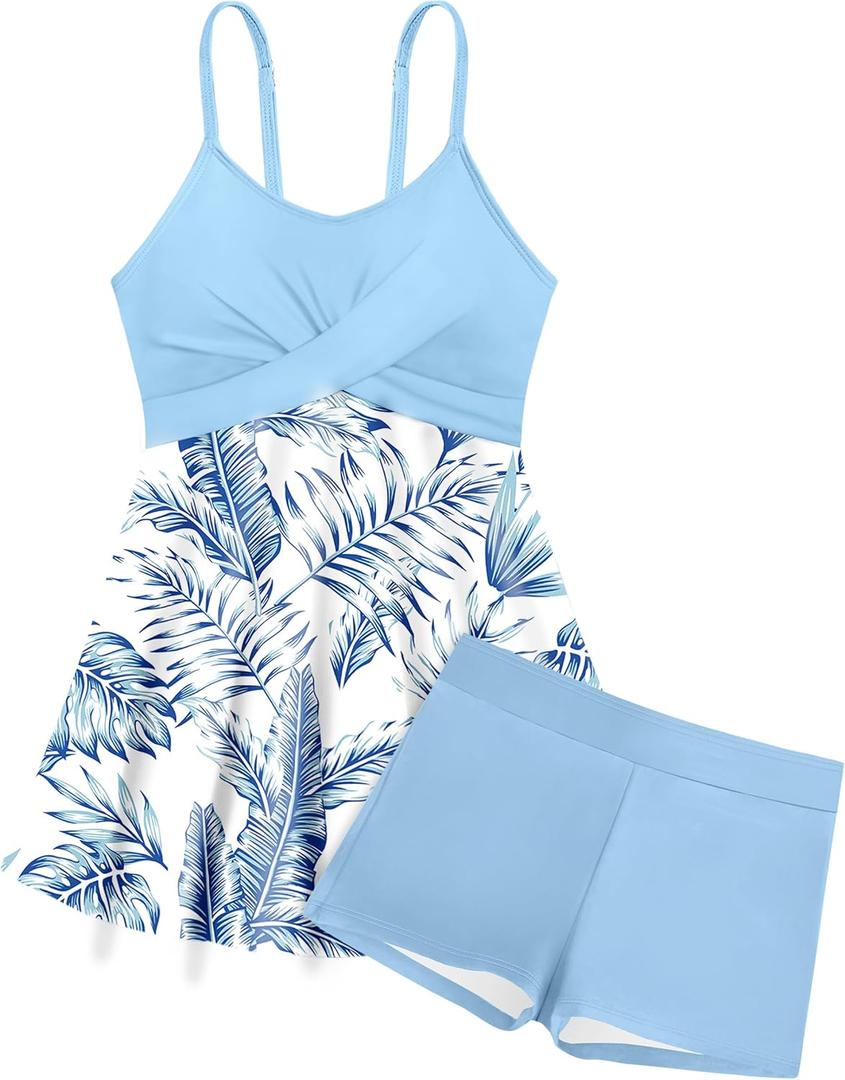 Girls Swimsuits Criss Cross Tropical Print Mesh Dress Bathing Suits with Shorts 2 Piece Tankini for Teens (13-14 Years, Blue)