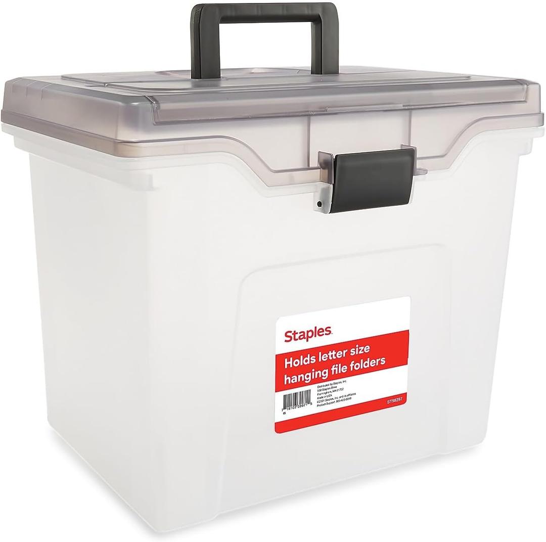 Staples File Box Portable Storage Tote, Letter Size, Clear Plastic
Includes lid, handle, and organizer tray for letter-size hanging files.