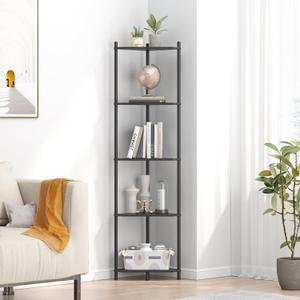 Wisuce Corner Shelf Stand - 5 Tier Black Bamboo Small Corner Bookshelf for Office Kitchen Bedroom Plant Stand Living Room Decor Small Space