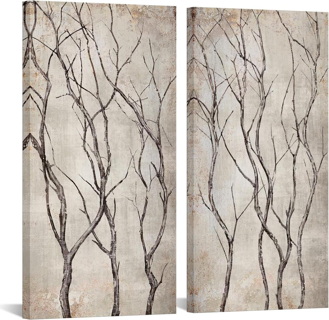 Sechars Rustic Tree Branches Canvas Print Wall Art Beige Tree Painting Picture Vintage Brown Farmhouse Living Room Decorations 20"x40"x2PCS