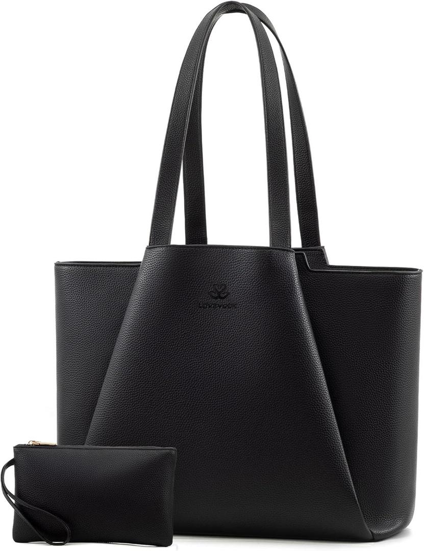 LOVEVOOK Laptop Tote for Women - 15.6 Inch Leather Laptop Bag with Clutch, Large Capacity Office Purse Computer Briefcase for Casual Business Travel, Black