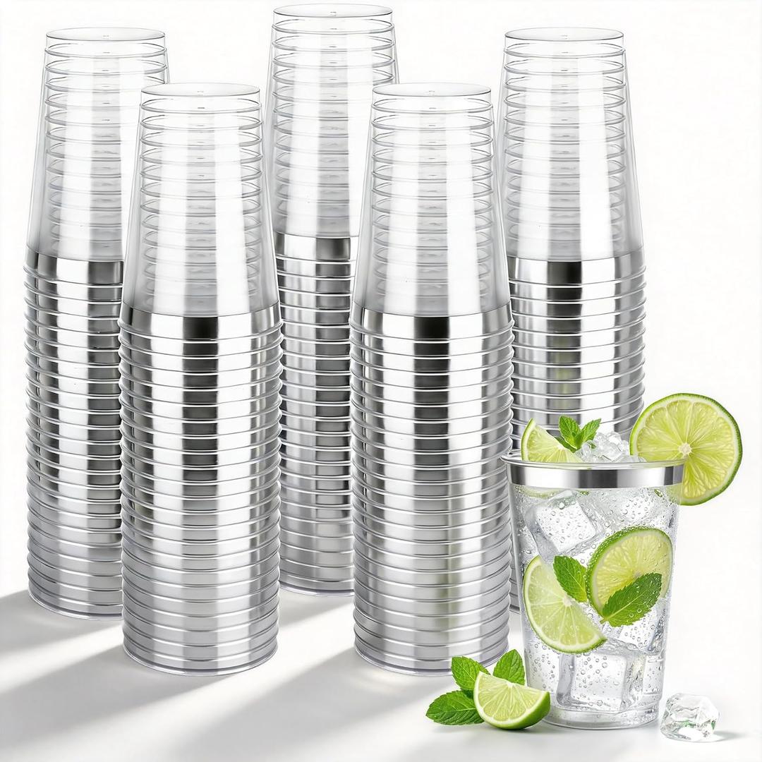 200 Pack Silver Plastic Cups, 12 Oz Clear Disposable Cups with Silver Rim, Heavy Duty Cocktail Cups for Party, Wedding and Daily Use, 200PCS