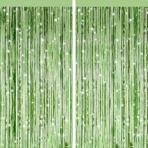2 Pack Light Green Metallic Tinsel Foil Fringe Curtains, Door Streamers Photo Booth Backdrop for Birthday Party, Tinsel Curtain Backdrop for Baby Shower Bachelorette Christmas Party Decorations