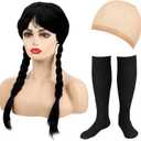 Karenhi 3 Pcs Halloween Costume for Women Long Black Braided Wig with Wig Cap Calf Socks Halloween Cosplay Party Accessories