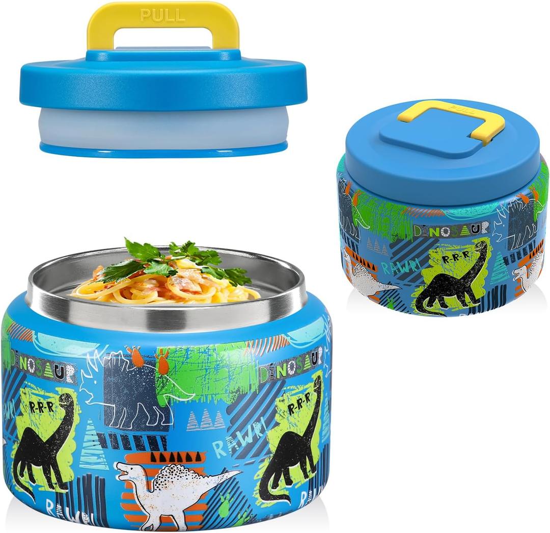 JXXM 8 Oz Thermo Food Jar for Hot & Cold Food for Kids, Insulated Lunch Containers Hot Food Jar,Leak-Proof Vacuum Stainless Steel Wide Mouth Lunch Soup Thermo for School (BLUE-Dinosaur)