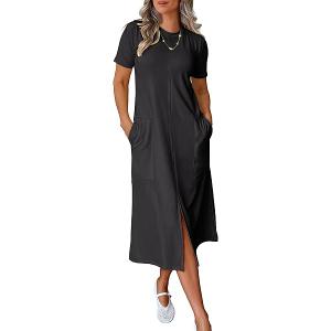 ANRABESS Women's Summer Casual Short Sleeve Long T Shirts Maxi Dresses V Neck Split 2025 Beach Vacation Dress with Pockets, XL, Black