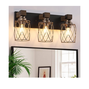 Farmhouse Bathroom Vanity Light, 3-Light Wood Bathroom Light Fixtures Over Mirror, Black and Gold Industrial Vanity Lights with Metal Shade, Rustic Bathrooms Lighting for Living Room Bedroom Hallway