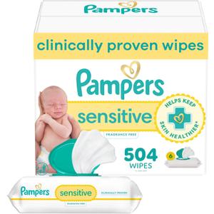 Pampers Baby Wipes Sensitive, Water Based Hypoallergenic and Unscented 504 Total (6 Flip-Top Packs)