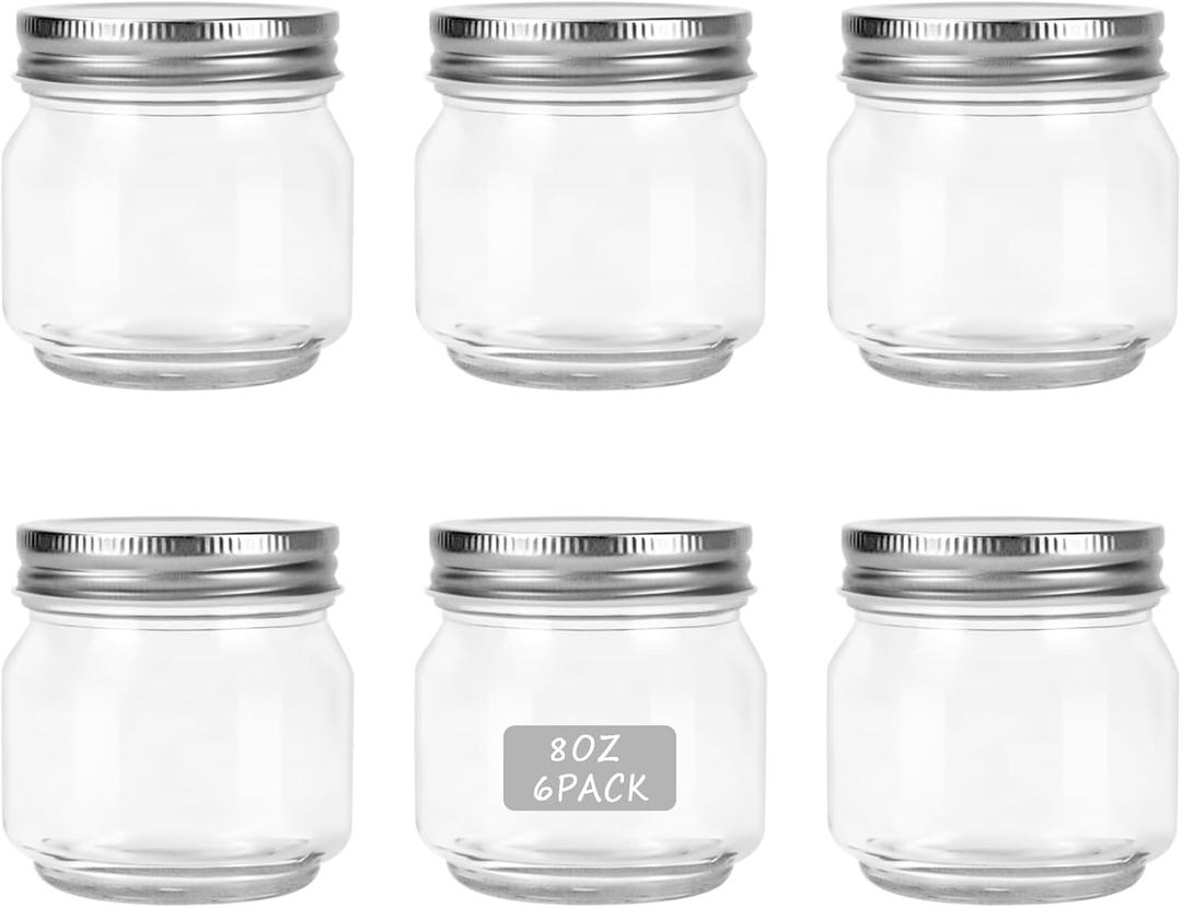 HOXHA 6 Pack Glass Regular Mouth Mason Jars, 8 oz Clear Glass Jars with Lids for Sealing, Canning Jars for Food Storage, Overnight Oats, Dry Food, Snacks, Candies, Jam, Honey