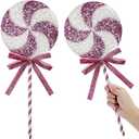 2 PCS Jumbo Sequin Candy Peppermint Christmas Decorations Glitter Candy Cane Lollipop Ornaments Tree Topper Picks Tied Bows Decorative Xmas Sprays Sweets Craft Home Decor (Pink, 7.5"x16.7")