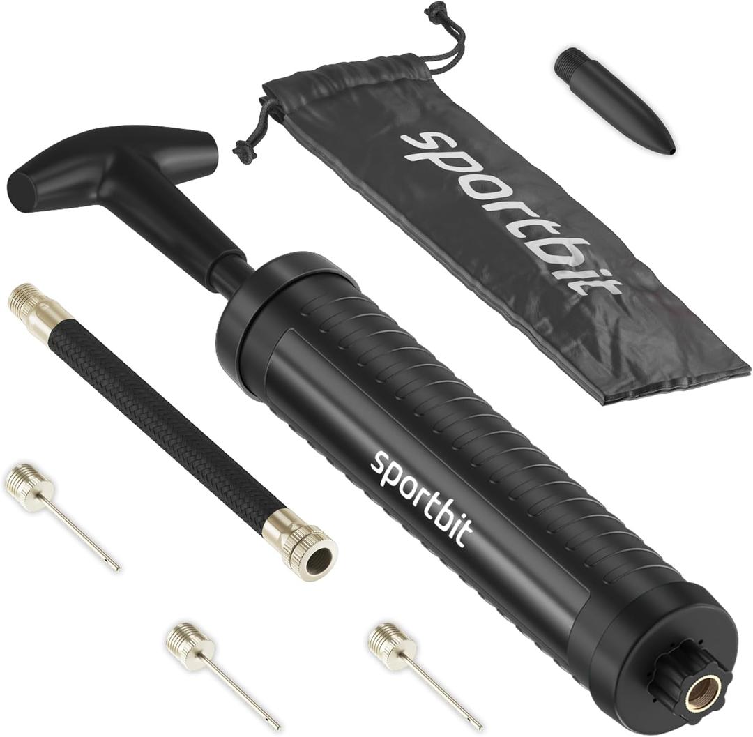 SPORTBIT Ballpump for Sports Balls - Basketball Pump for Sport Balls - Football & Soccer, Basketball, Volleyball Pump, Swim Inflatables - Hand Air Pump with 3 Needles, Nozzle, Extension Hose, Pouch (Black)