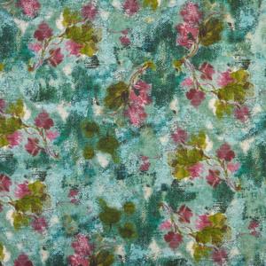 Kt KILOtela - Digital Printing Canvas Fabric Half Panama Organic Cotton Decoration Upholstery Cushion Tablecloths 56*40 Width Flowers Alphonsine Green Garnet - 1 Meter