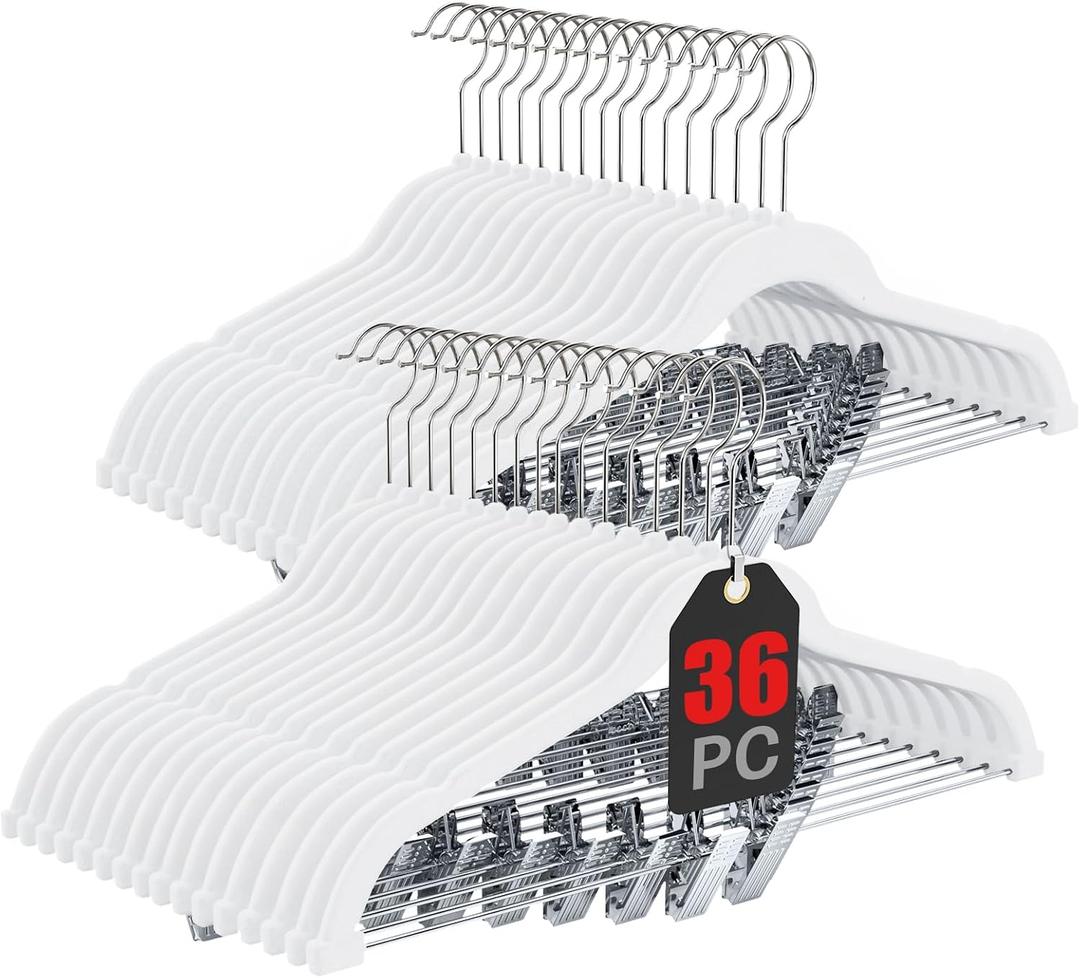 Korpai 36-Pack White Velvet Hangers with Clips Adjustable,Adult Hangers,Outfit Hanger,Heavy-Duty,Felt,Non-Slip,Space Saving, for Pants, Skirts, Suits,Coats, Dresses ect., 16.5x9 inch