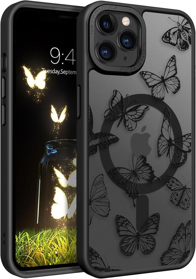 BENTOBEN for iPhone 11 Pro Max Case, Cute Butterfly Pattern Magnetic Case [Compatible with MagSafe] Translucent Matte Slim Women Girl Protective Cover Cases for iPhone 11 Pro Max 6.5 inch, Black