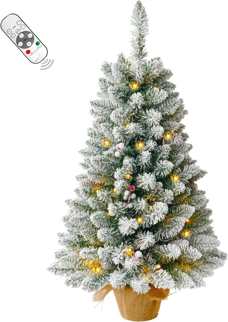 3FT Pre-lit Artificial Small Mini Christmas Tree with Warm White Multi-Color LED Lights, Remote Control and Timer, Perfect for Xmas Tabletop Decorations, Home, Kitchen, Dining Table top Snow