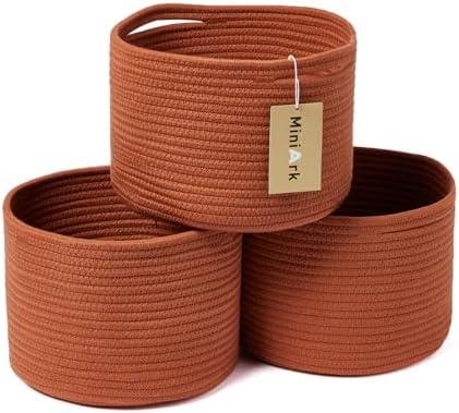 MiniArk Small Basket for Organizing | Cube Shelf Closet Storage Baskets | 9.7×9.7×7.1” | Woven Rope Gift Basket | Nursery | Round 3 Packs Oxide Red