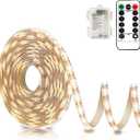 echosari Battery Powered Led Strip Lights with Remote Warm White, 8 Modes, Dimmable, Timer, Self-Adhesive, Cuttable, Waterproof, 9.8FT 90Led Strip Lights for TV Kitchen Cupboard Bedroom Decor