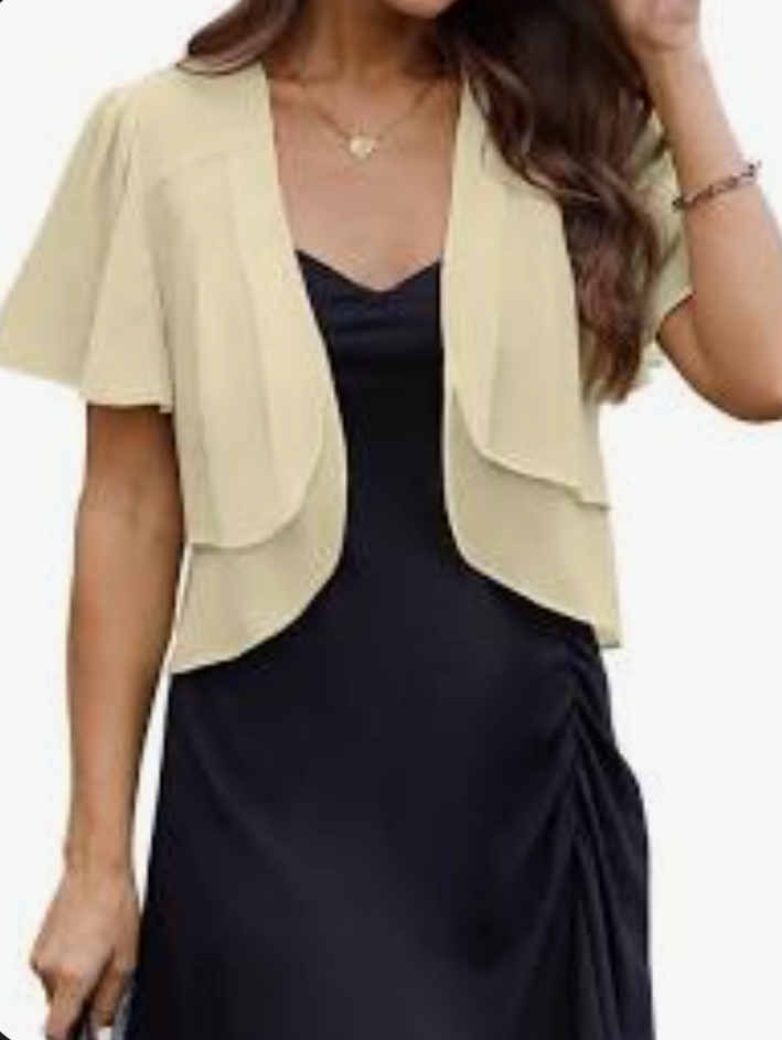 Tanou Women's Ruffle Chiffon Shrug Short Sleeve Open Front Sheer Bolero Cardigan for Evening Dress, Medium