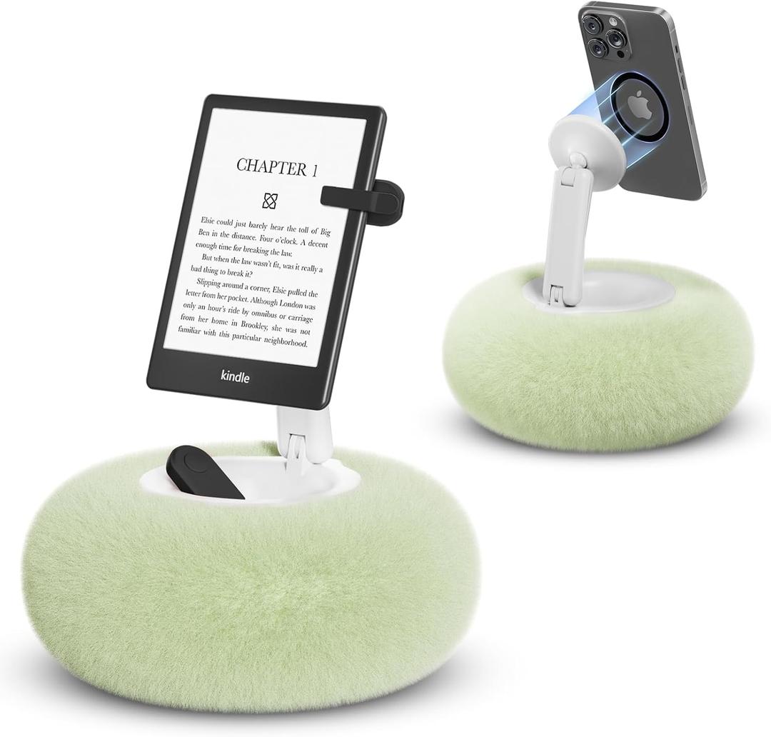 Magnetic Phone Pillow Stand, Phone Holder for Bed,Lap,Desk, Cozy Pillow Stand with Snack Bowl and 2 Magnetic Rings, Compatible with 3.5-7" iPhone,E-Reader, Kindle, Green
