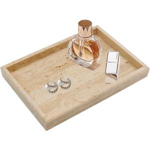 Real Natural Travertine Tray for Bathroom, Vanity, Kitchen and Desktop, Rectangle Genuine Travertine Stone Tray for Jewelry, Cosmetics, Candles, Lotion, Perfume and Home Decor