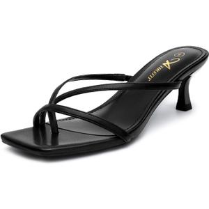 Athlefit Women's Strappy Kitten Heels Flip Flops Square Open Toe Low Heels Fashion Party Dress Thong Heeled Sandals (Size 8, Black)