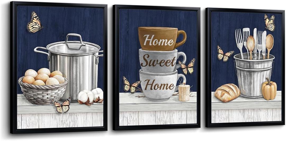 Nachic Wall Kitchen Wall Art Set of 3 Home Sweet Home Coffee Cups Picture Painting Farmhouse Navy Blue and Brown Decor (Blue)