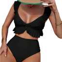 MakeMeChic Women's 2 Piece Bikini Set Ruffle Trim Bathing Suit V Neck Tie Back High Waisted Swimsuit