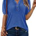 KISSMODA Women's Tunic Tops Casual V Neck Short Sleeve T Shirts Summer Puff Sleeve Ruffle Blouses (L)