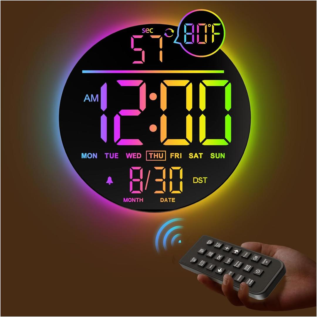 JALL 10" Large Digital Wall Clock with Seconds, Alarm Countdown Timer, Big LED Display, RGB Color, DST, Temperature, Mounted for Bedroom Living Room Office Classroom Gym, Xmas Birthday Gift, RGB